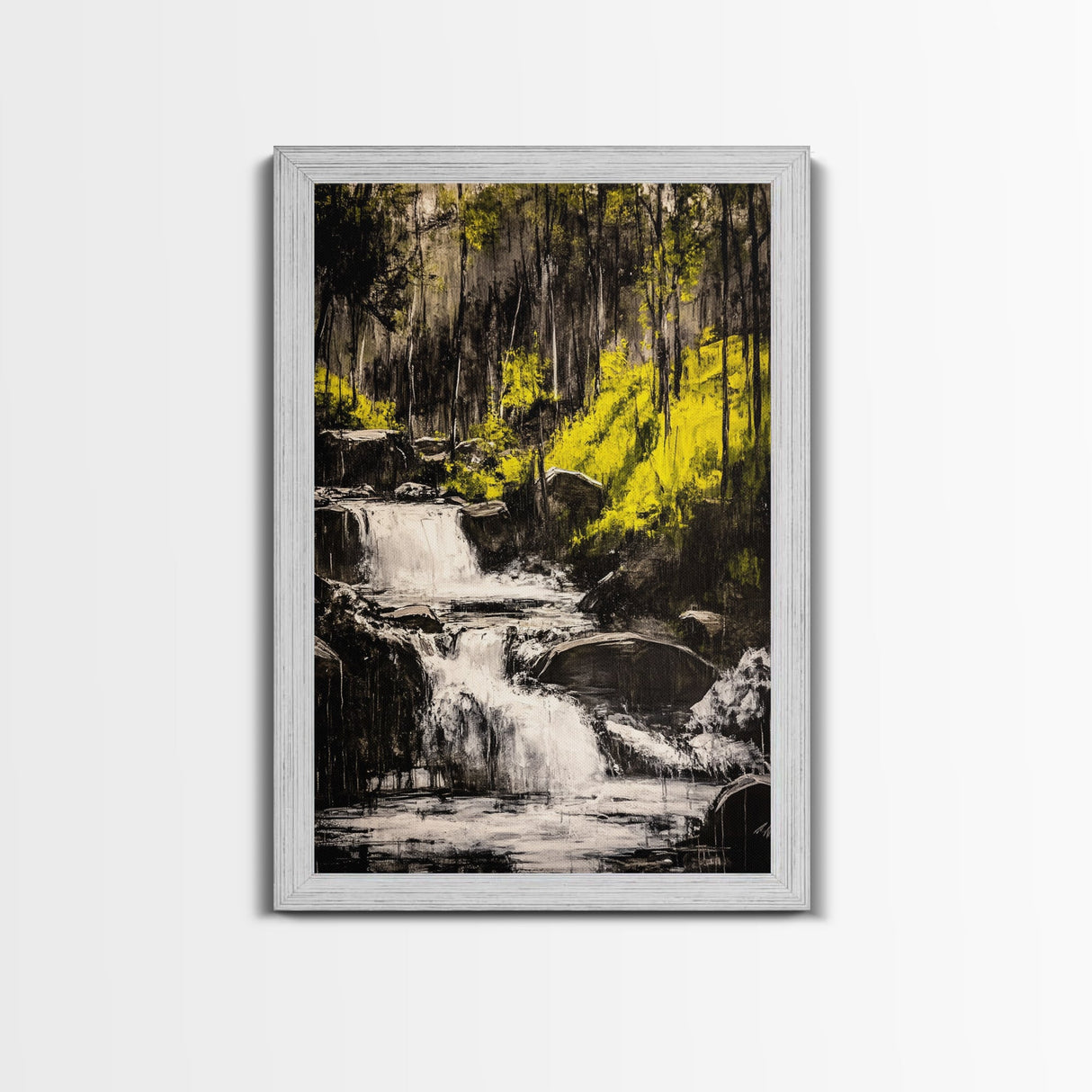 Forest Waterfall, Nature Wall Art, Serene Landscape, Green and Black Art, Tranquil Home Decor, Framed Canvas Print, Bedroom Wall Art