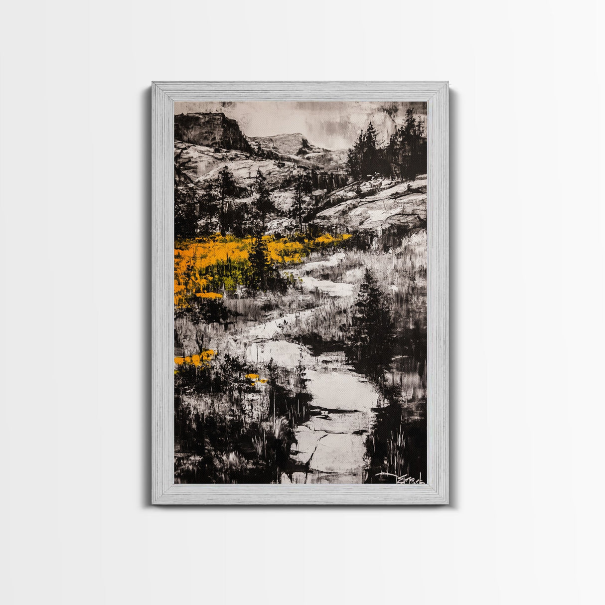 Mountain Path, Black and White Landscape, Dramatic Nature Painting, Wilderness Wall Art, Framed Canvas Print, Rustic Lodge or Office Decor