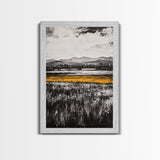 Golden Meadow, Black and White Landscape with Yellow Accents, Minimalist Nature Wall Art, Framed Canvas Print, Living Room or Office Decor