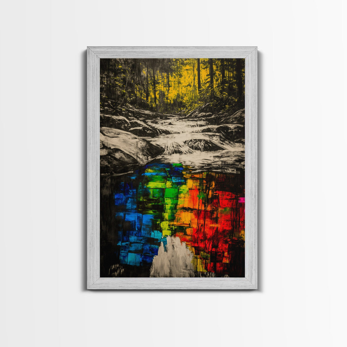 Forest Reflection, Black and White with Vibrant Colors, Abstract Waterfall Painting, Framed Canvas Print, Nature Lover’s Wall Art