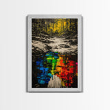 Forest Reflection, Black and White with Vibrant Colors, Abstract Waterfall Painting, Framed Canvas Print, Nature Lover’s Wall Art