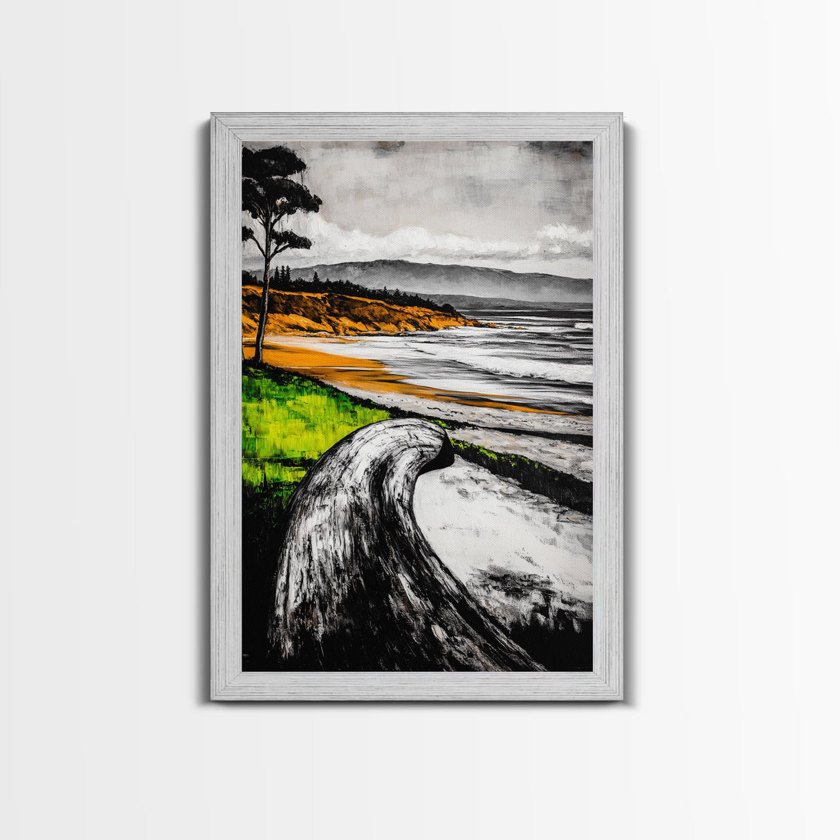 Driftwood Shore, Ocean Beach Wall Art, Modern Coastal Decor, Nature Seascape Print, Tranquil Waves, Framed Canvas Print