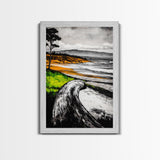 Driftwood Shore, Ocean Beach Wall Art, Modern Coastal Decor, Nature Seascape Print, Tranquil Waves, Framed Canvas Print