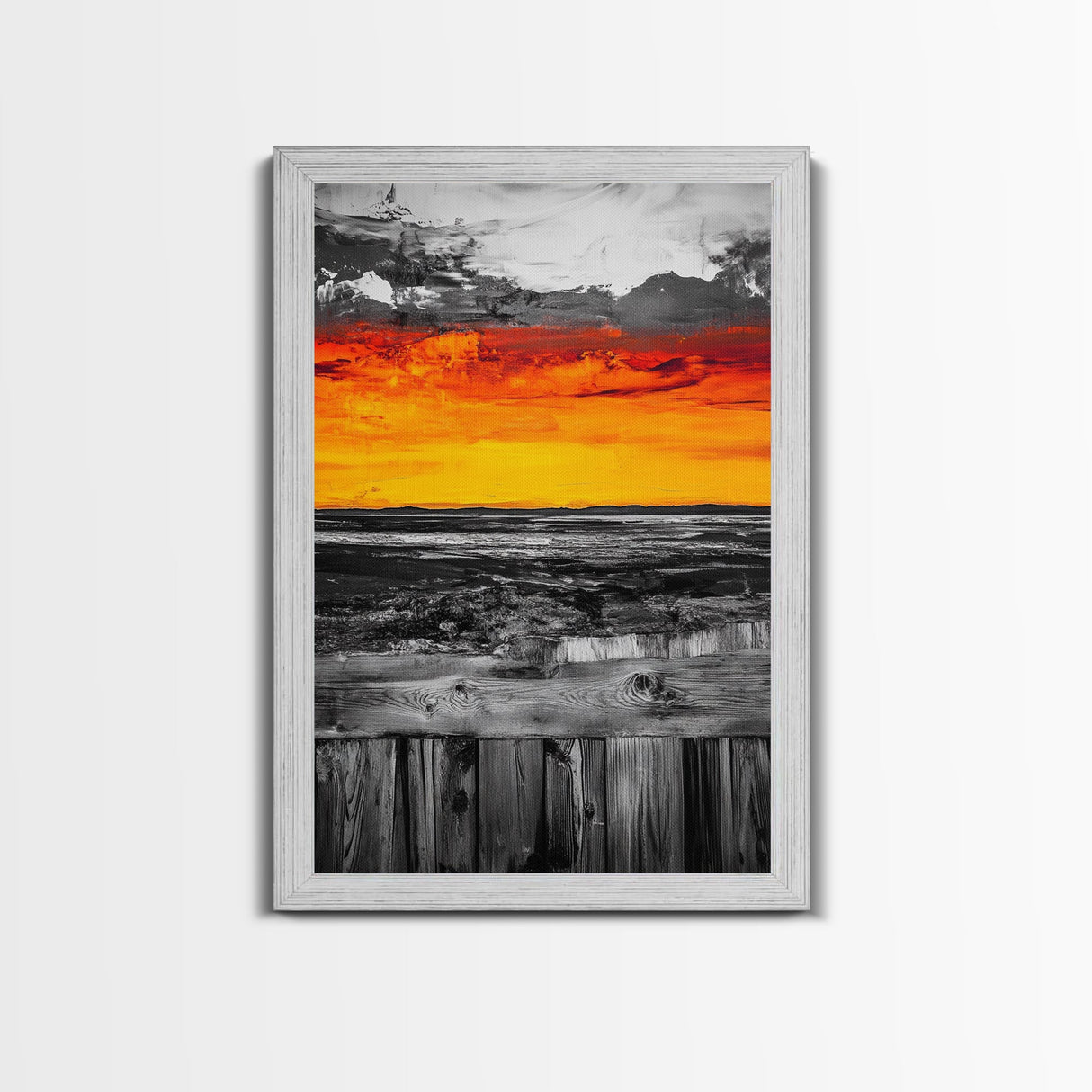 Sunset Landscape, Rustic Fence, Fiery Sky Art, Bold Color Wall Art, Abstract Nature Scene, Canvas Print, Boho Home Decor