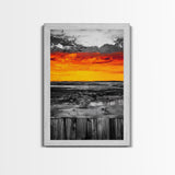 Sunset Landscape, Rustic Fence, Fiery Sky Art, Bold Color Wall Art, Abstract Nature Scene, Canvas Print, Boho Home Decor