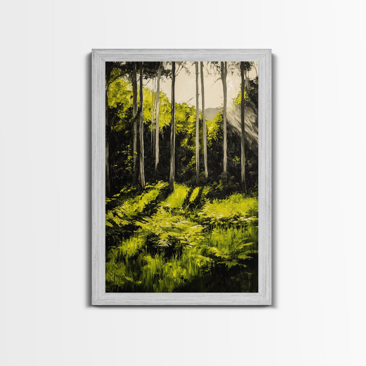Forest Scene, Green Woodland Art, Sunlit Trees Print, Serene Nature Wall Decor, Cozy Cabin Art, Framed Canvas Print, Rustic Home Decor