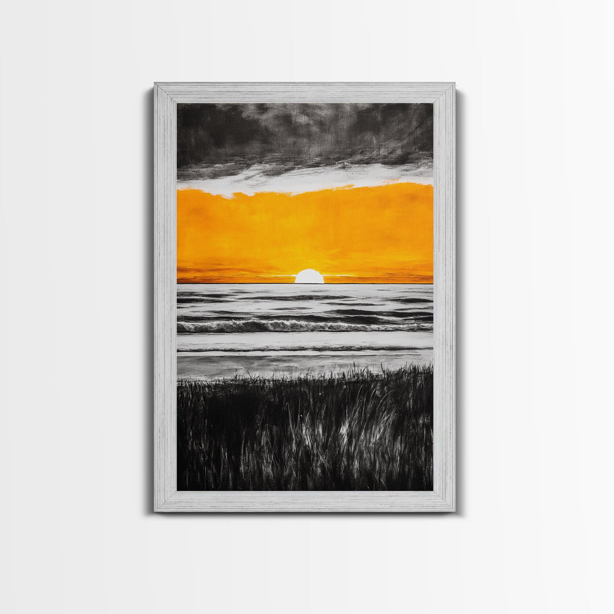 Fiery Sunset, Dramatic Sky, Ocean Scene, Framed Canvas Print, Fall Wall Art, Large Beach Painting, Contemporary Art, Sunset Horizon