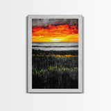 Bold Sunset, Coastal Horizon, Modern Landscape, Framed Canvas Print, Vibrant Seascape Art, Minimalist Beach Decor, Living Room Wall Art