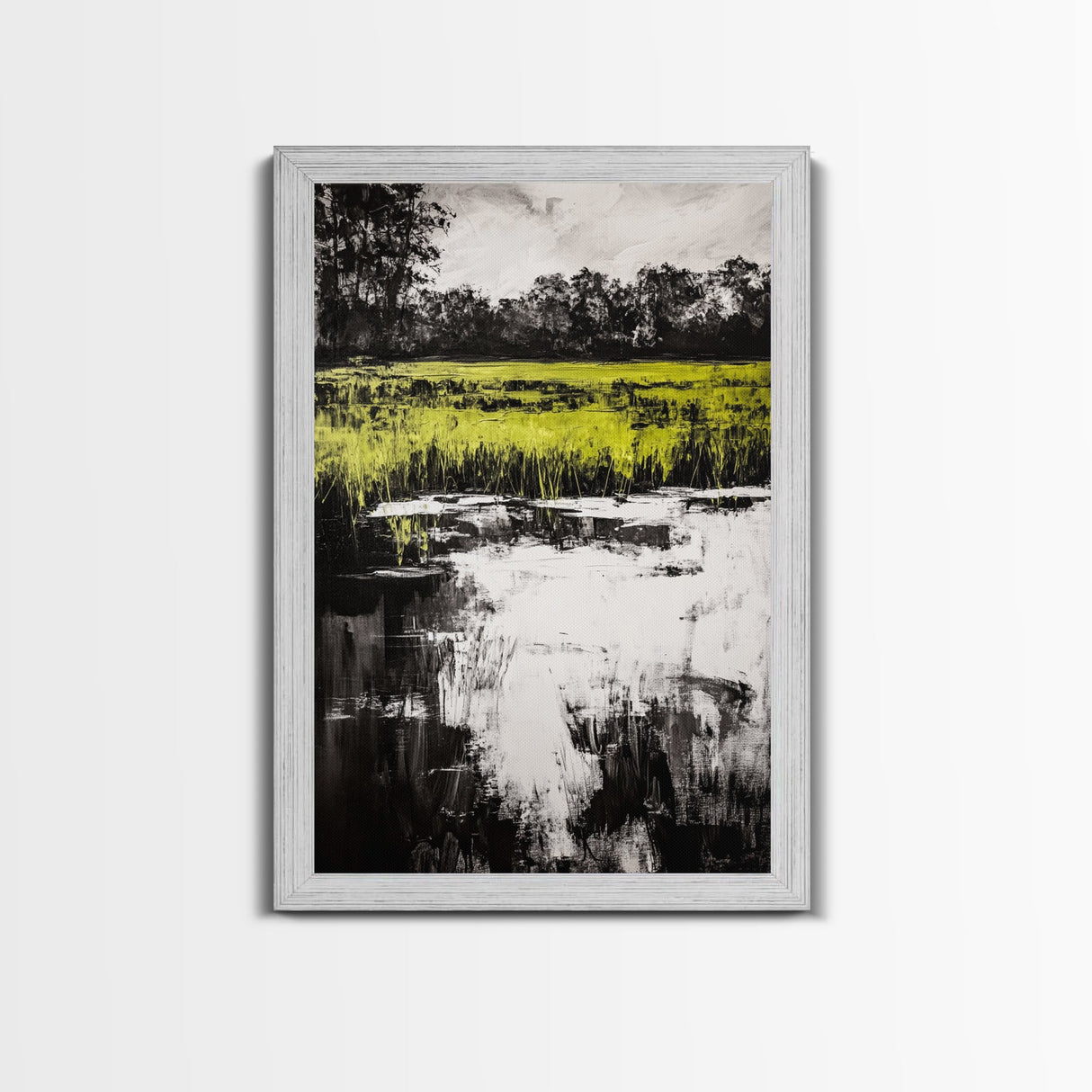 Marshland Reflections, Nature Landscape, Black and White Wall Art, Rustic Home Decor, Framed Canvas Print, Minimalist Aesthetic, Office Art