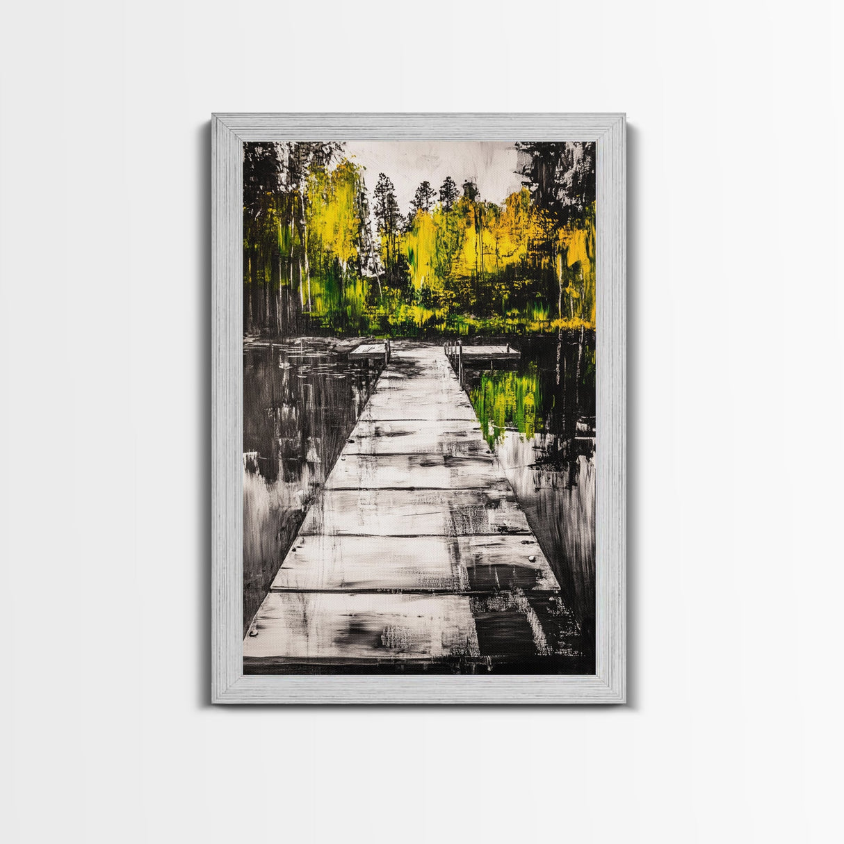 Wooden Dock View, Lake House Art, Nature Landscape Print, Rustic Wall Decor, Framed Canvas Print, Black and White Photography, Cabin Art