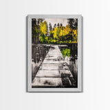 Wooden Dock View, Lake House Art, Nature Landscape Print, Rustic Wall Decor, Framed Canvas Print, Black and White Photography, Cabin Art