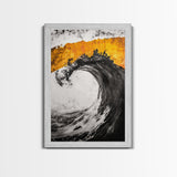 Giant Ocean Wave, Surfer Wall Art, Black and White Beach Print, Coastal Aesthetic, Framed Canvas Print, Ocean Lover Gift, Large Wall Art