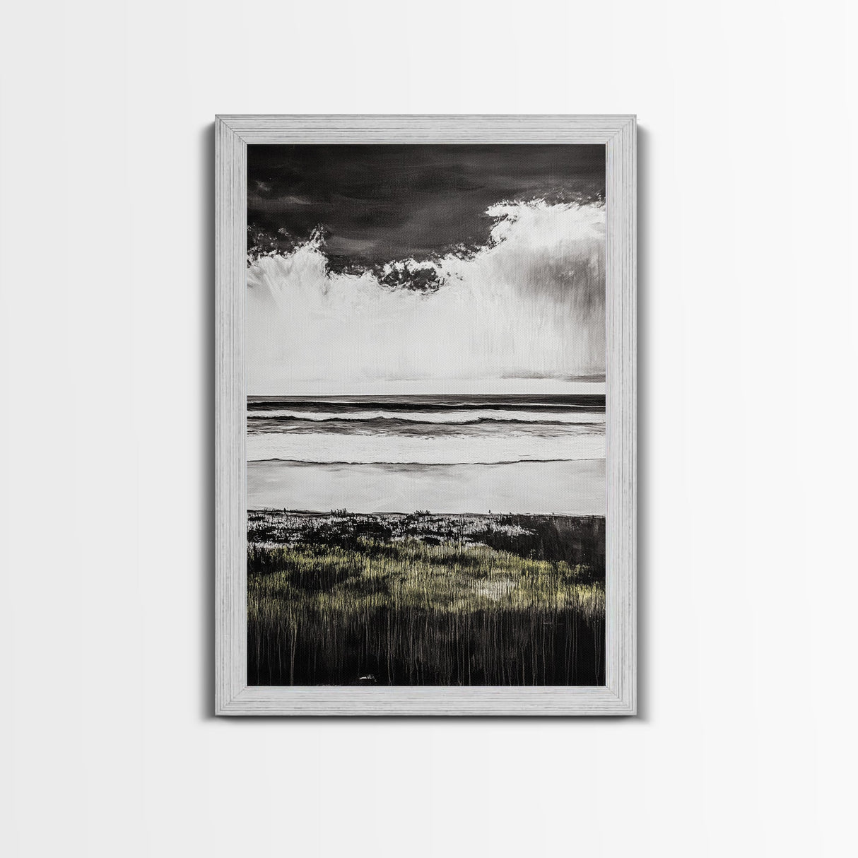 Stormy Beach, Coastal Wall Art, Black White Ocean, Framed Canvas Print, Dramatic Seascape, Nautical Home Decor, Modern Minimalist