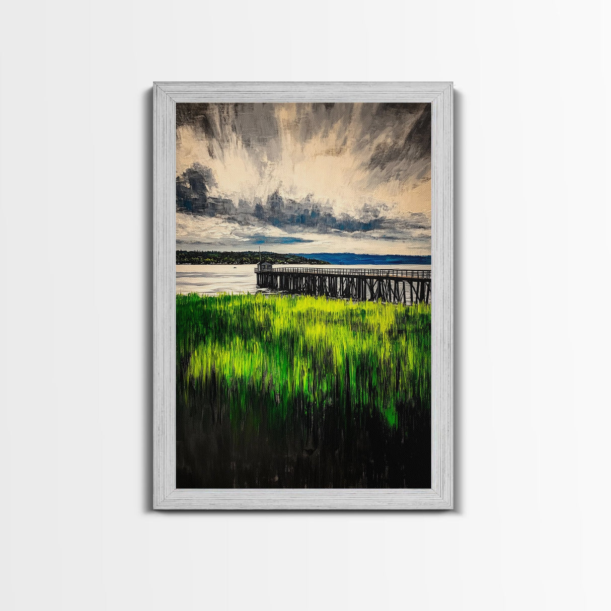 Lakeside Pier, Landscape Painting, Framed Canvas Print, Nature Wall Art, Blue Sky Art, Serene Lake View, Living Room Decor