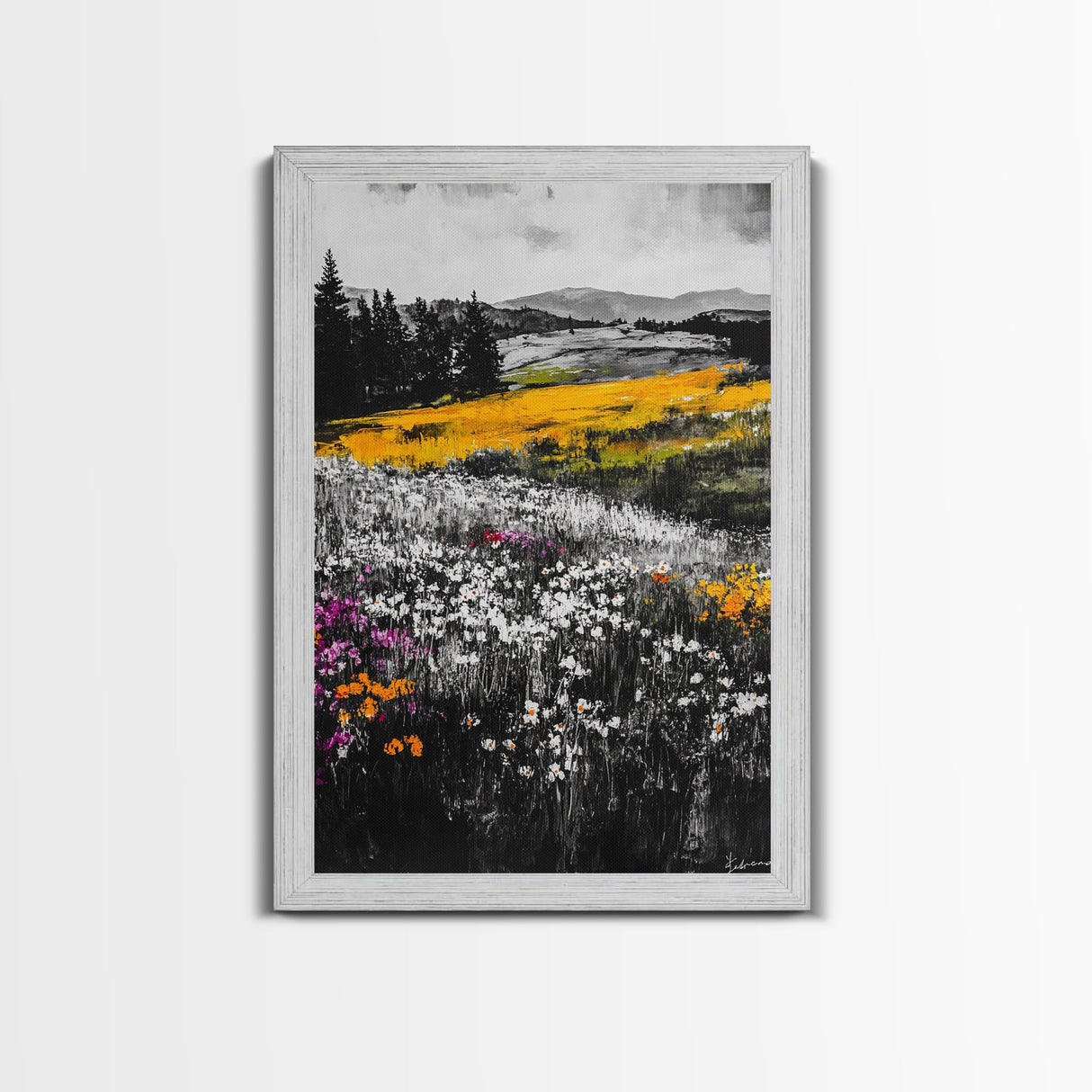 Wildflower Meadow, Mountain Art, Framed Canvas Print, Nature Wall Art, Vibrant Floral Painting, Spring Landscape Art, Living Room Decor