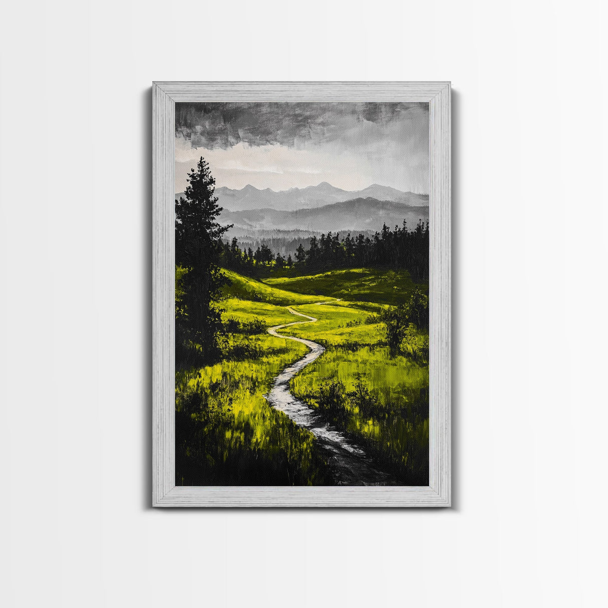 Winding Path, Mountain Meadow, Nature Landscape, Rustic Wall Art, Framed Canvas Print, Farmhouse Decor, Green Hills, Relaxing Art
