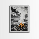 Bonfire on Beach, Coastal Sunset, Framed Canvas Print, Fall Wall Art, Warm Glow Art, Ocean Inspired Decor, Rustic Firelight, Home Accent