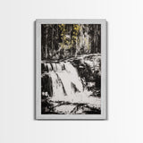 Waterfall Scene, Black and White Art, Forest Wall Decor, Cabin Aesthetic, Adventure Landscape Print, Wilderness Gift, Canvas Print