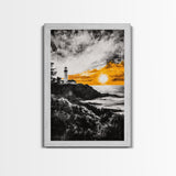 Lighthouse Sunset, Nautical Wall Art, Coastal Painting, Canvas Print, Orange and Black Artwork, Ocean Home Decor, Beach House Design