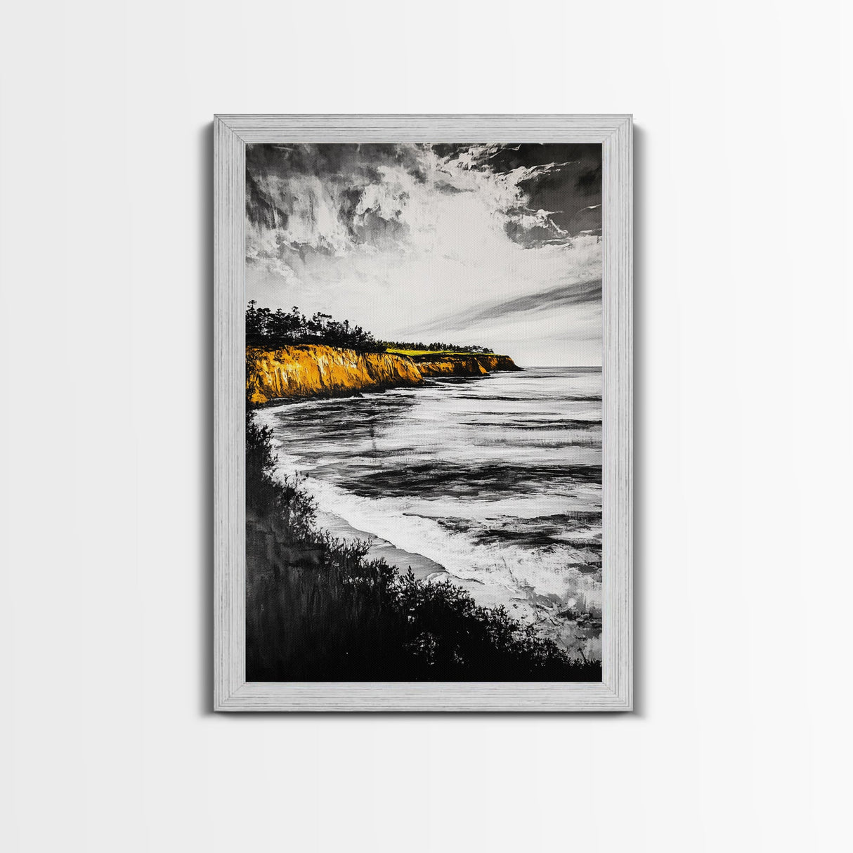 Golden Cliffs, Ocean Landscape, Beach House Wall Art, Canvas Print, Coastal Scene, Black and White Painting, Sunset Inspired Decor