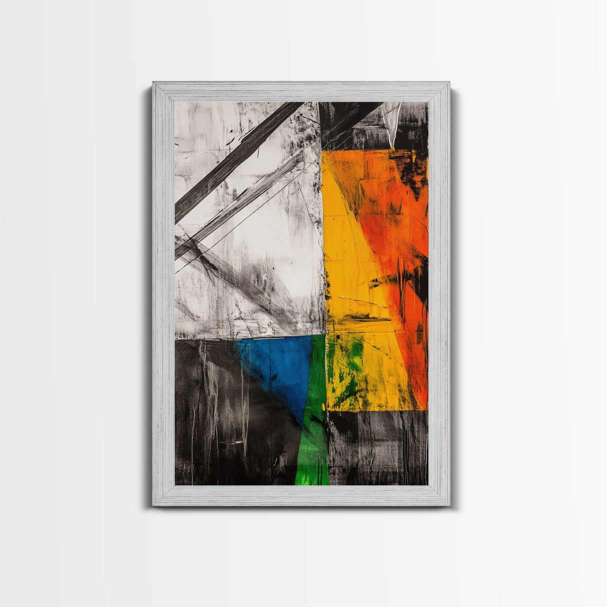 Abstract Geometric Art, Yellow Orange Blue Green, Black White Art, Minimalist Wall Decor, Contemporary Office Art, Framed Canvas Print