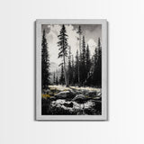 Forest Landscape Print, Black and White Tree Art, Cabin Wall Decor, Nature Inspired Art, Minimalist Scene, Framed Canvas Print