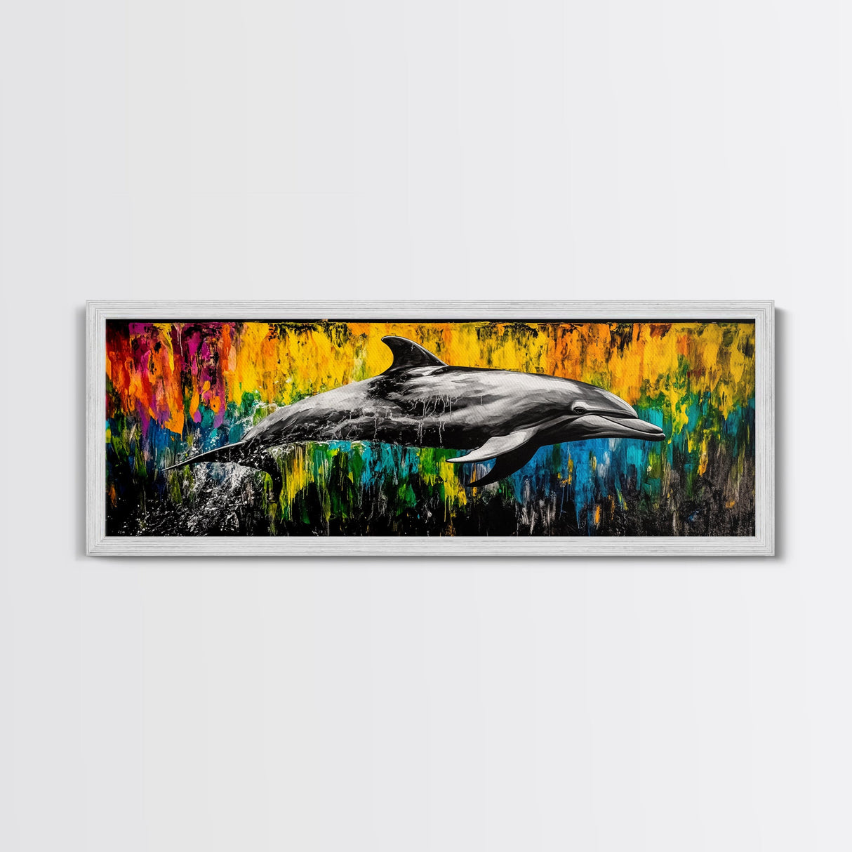 Dolphin Splash, Ocean Wildlife, Framed Canvas Print, Colorful Wall Art, Beach House Decor, Living Room Art, Vibrant Sea Life Painting