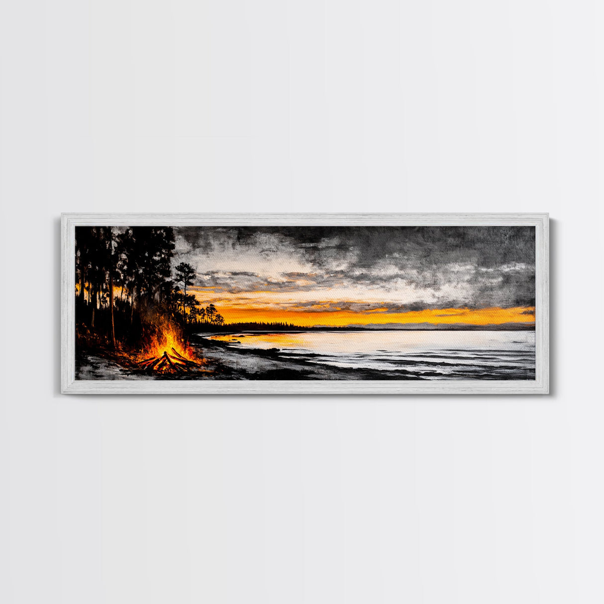 Campfire by Lake, Sunset Landscape Art, Cozy Rustic Print, Fall Wall Decor, Outdoor Adventure Canvas Print, Framed Canvas Print