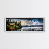 Cabin on the Lake, Peaceful Landscape, Nature Lover Art, Framed Canvas Print, Mountain View, Serene Wall Decor, Scenic Painting