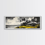 Tropical Beach House, Coastal Landscape Painting, Black and White Palm Tree Print, Island Wall Decor, Relaxing Canvas Print, Framed Canvas Print