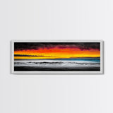 Fiery Sunset, Beach Scene, Ocean Waves, Vibrant Seascape, Framed Canvas Print, Living Room Art, Modern Coastal Wall Art, Beach House Decor