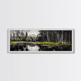 Misty Forest, Mountain Reflections, Black and White Nature Art, Framed Canvas Print, Living Room Decor, Wilderness Wall Art, Scenic Landscape