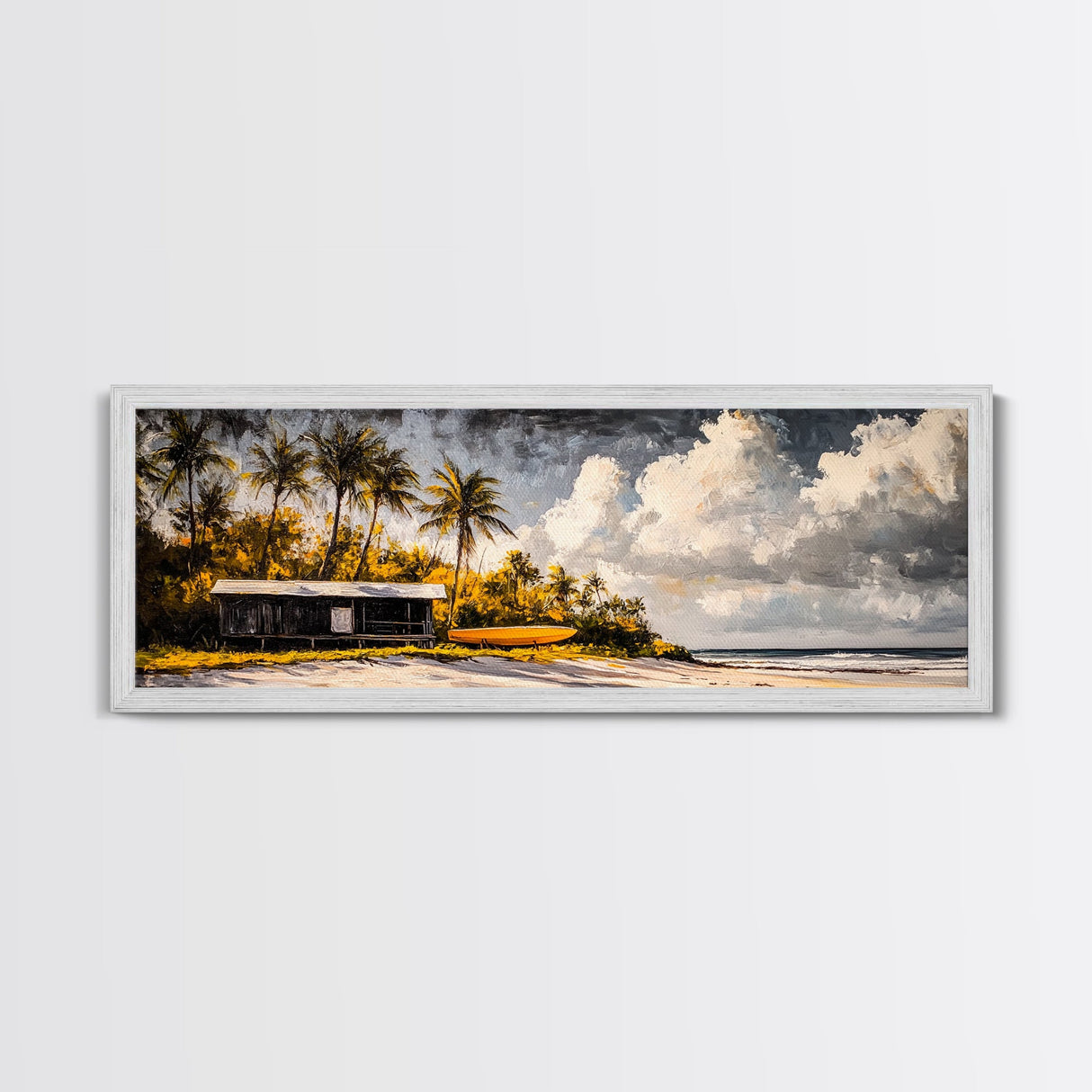 Secluded Beach Cabin, Tropical Landscape Painting, Oceanfront Bungalow Art, Coastal Wall Decor, Vacation Home Canvas Print, Framed Canvas Print