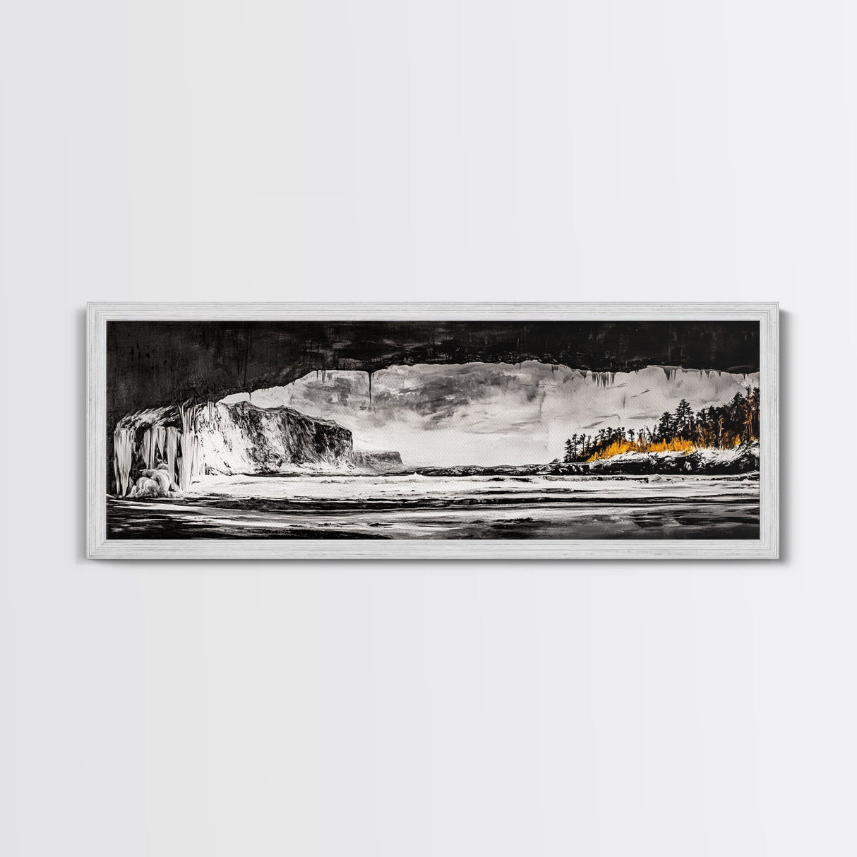 Frozen Cave, Monochrome Landscape, Framed Canvas Print, Winter Wall Art, Dramatic Nature Scene, Home Office Decor, Unique Black and White Art