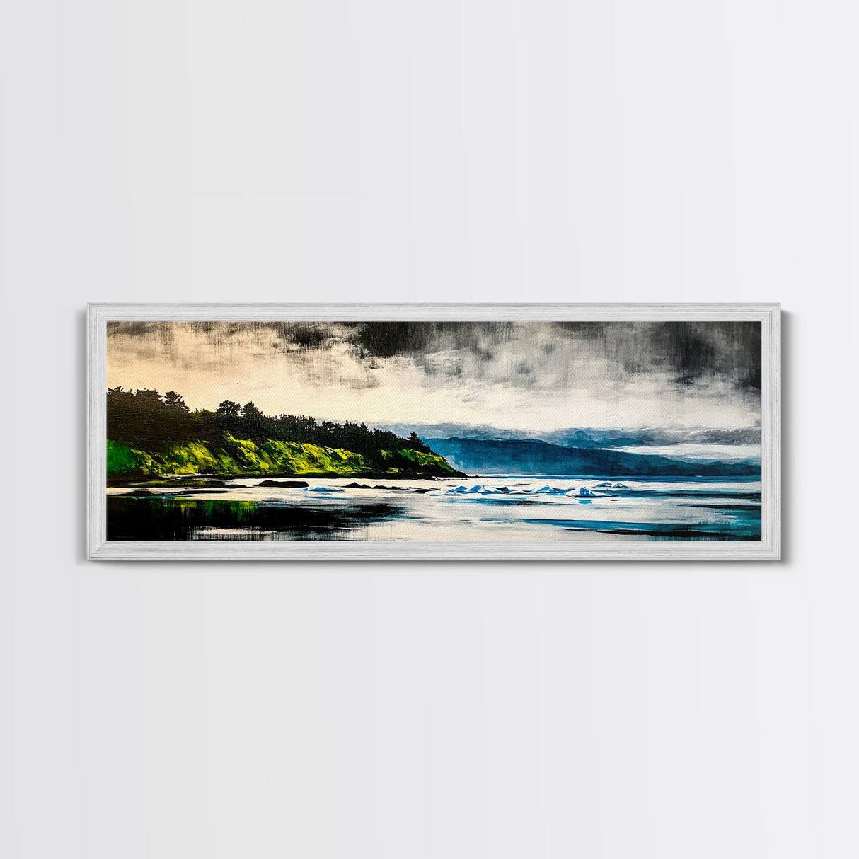 Coastal Wilderness, Green Cliffs and Water, Framed Canvas Print, Modern Nature Art, Living Room Wall Art, Bold Landscape Painting, Serene Decor