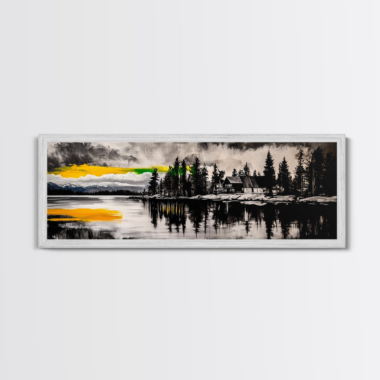 Lake House Painting, Reflection Water Art, Cabin Retreat Wall Decor, Tranquil Nature Print, Mountain Sunset, Canvas Print