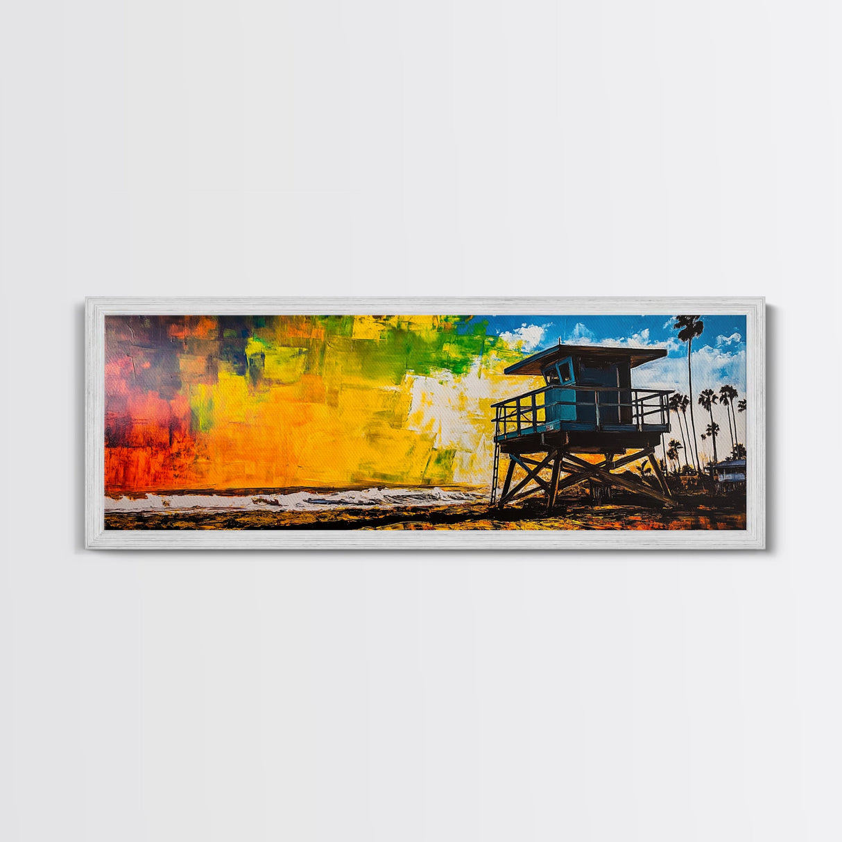 Lifeguard Tower, Coastal Beach Art, Sunset Painting, Vibrant Wall Art, Framed Canvas Print, Large Wall Art, Living Room Decor, Modern Art