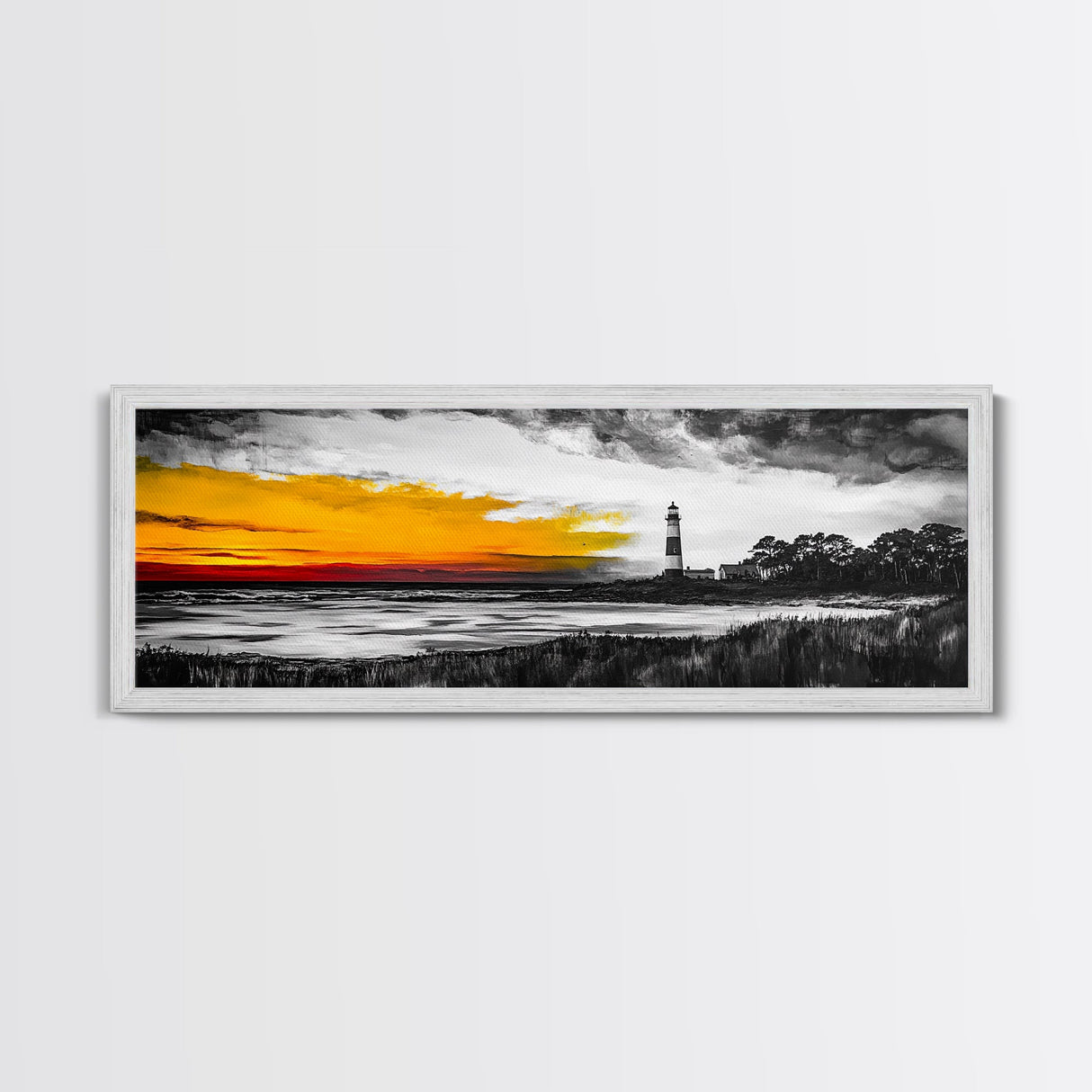 Lighthouse Sunset, Coastal Landscape, Nautical Wall Art, Seascape Print, Framed Canvas Print, Living Room Art, Minimalist Art, Ocean Sunset