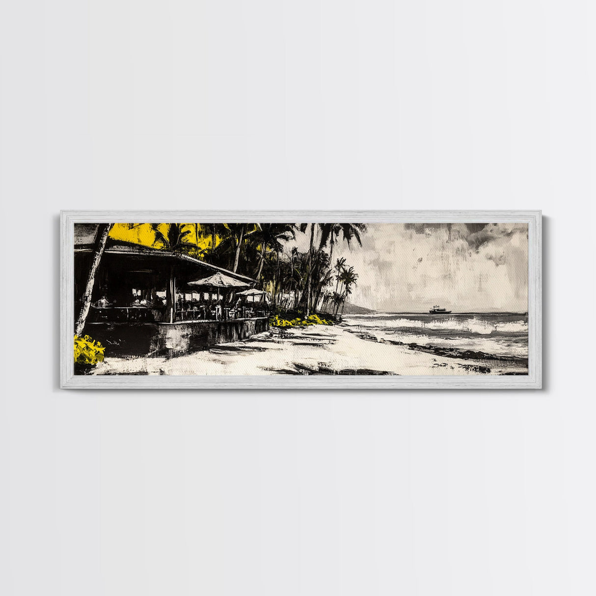 Beachside Restaurant, Ocean Waves, Coastal Cafe, Palm Trees, Framed Canvas Print, Tropical Wall Art, Living Room Art, Nautical Decor