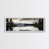 Mountain Reflection, Tranquil Lake Art, Black and White Landscape, Nature Inspired Decor, Framed Canvas Print, Cabin Wall Art, Moody Forest Scene