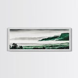 Foggy Mountains, Misty Forest Scene, Serene Nature Art, Minimalist Wall Decor, Framed Canvas Print, Bedroom Wall Art, Green Tones, Tranquil Vibes