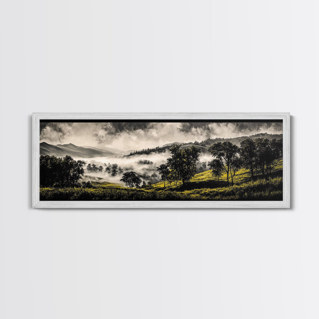 Rolling Hills, Misty Landscape, Moody Mountain Art, Nature Inspired Decor, Framed Canvas Print, Living Room Wall Art, Dramatic Foggy Scene