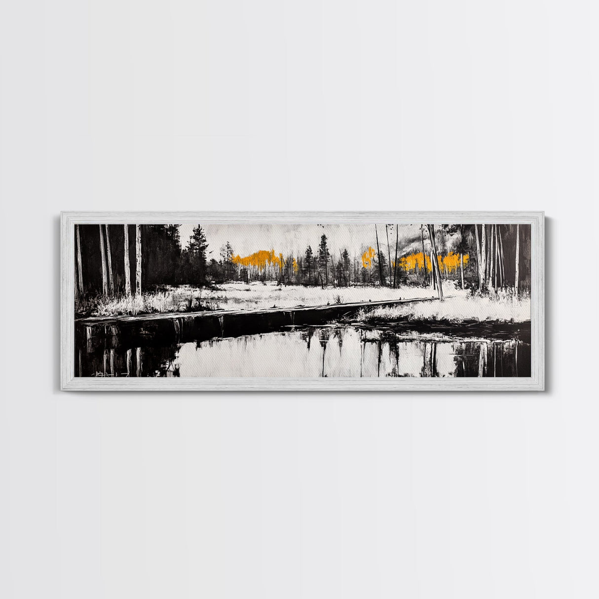 Forest Reflection, Wooden Bridge, Still Water, Black and White, Framed Canvas Print, Minimalist Wall Art, Living Room Art, Nature Decor