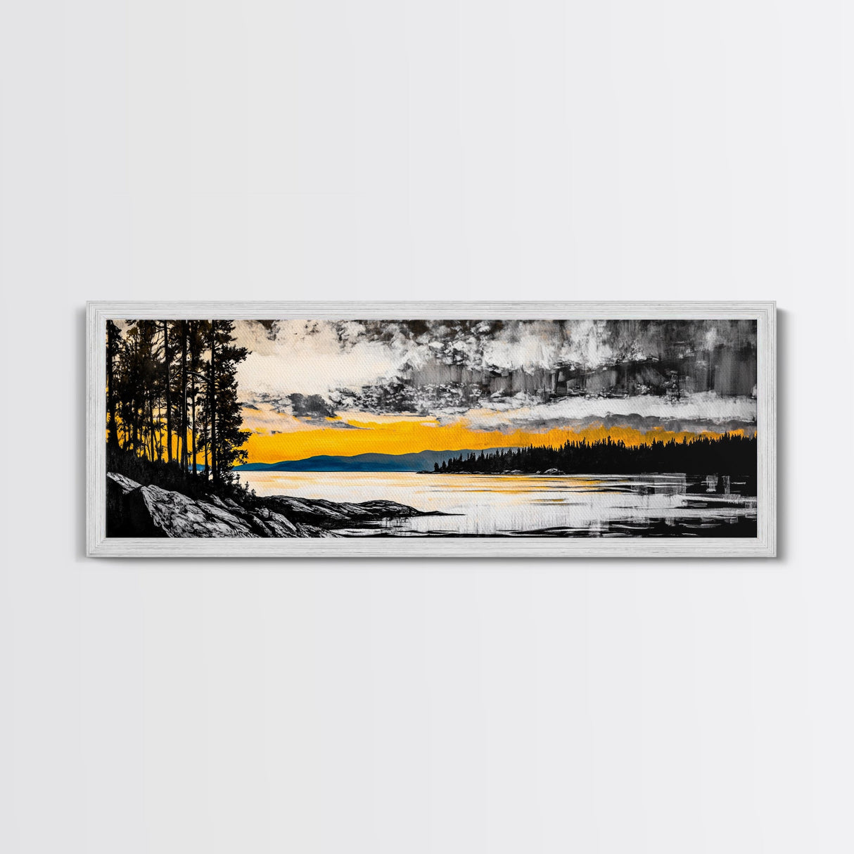 Sunset Reflection, Golden Lake, Nature Art, Framed Canvas Print, Modern Landscape, Large Wall Art, Living Room Decor, Rustic Style