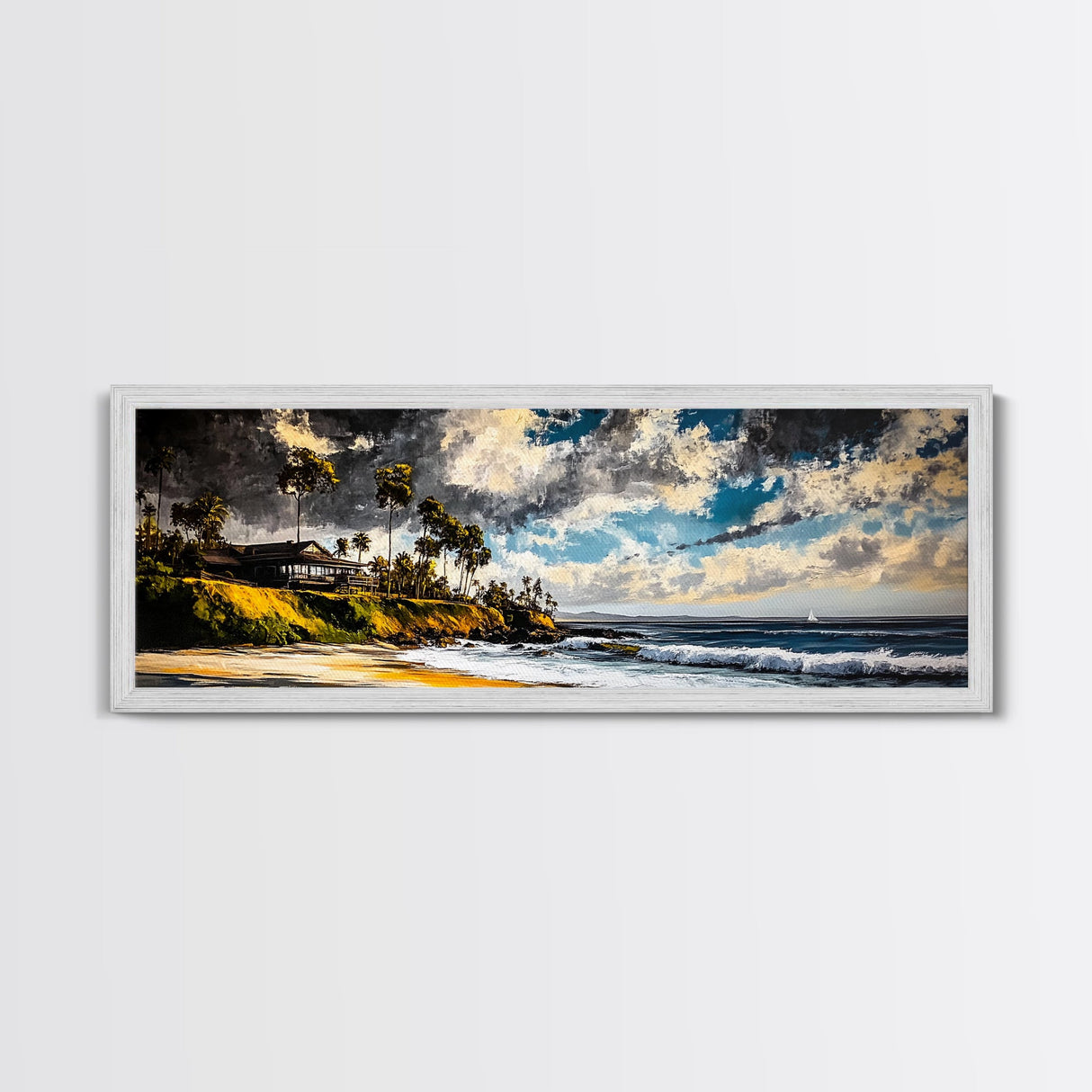 Beach Escape, Cliffside Home, Coastal Scene, Canvas Print, Ocean Landscape, Beach House Art, Nautical Decor, Living Room Artwork
