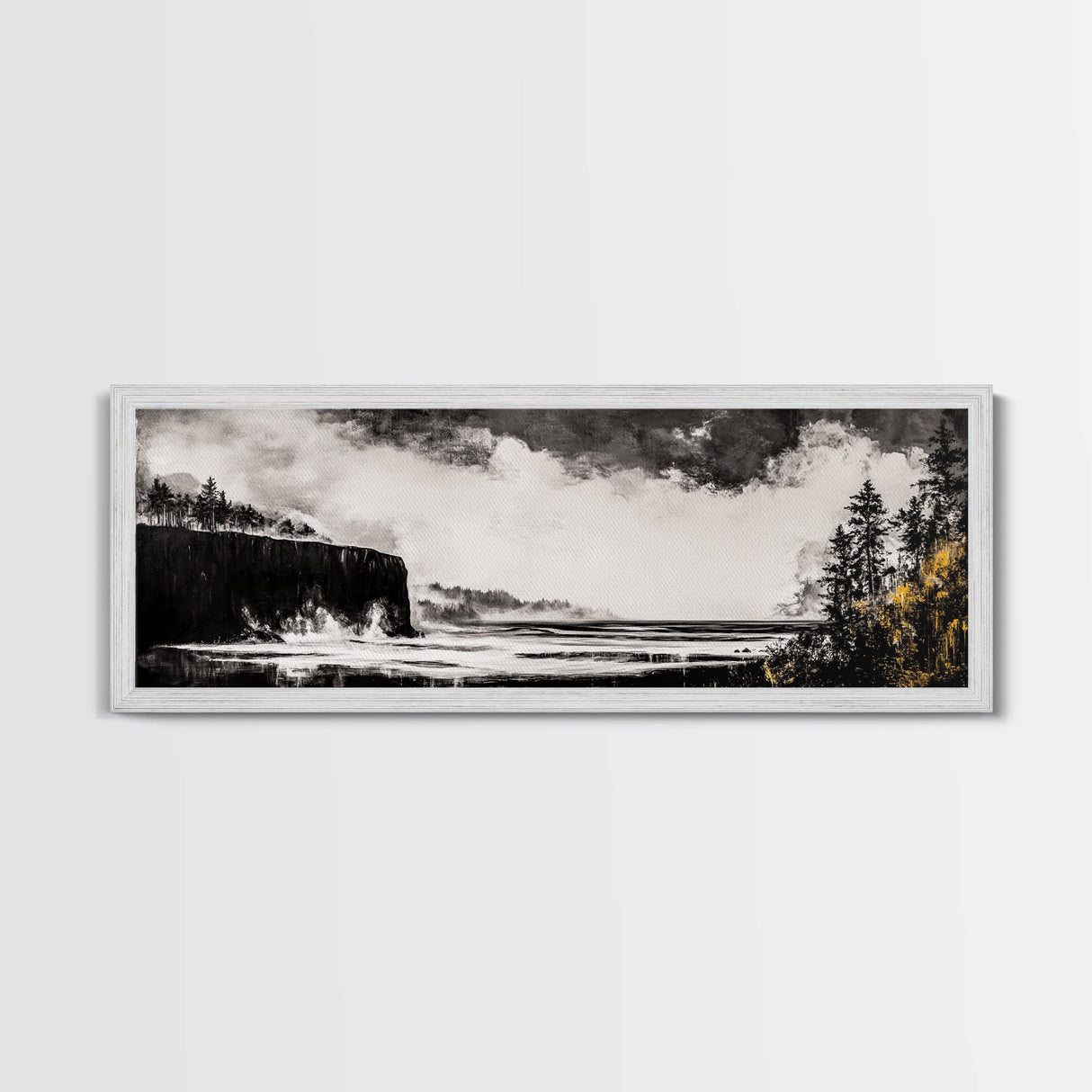 Cliffside Ocean, Dramatic Seascape, Moody Coast, Monochrome, Framed Canvas Print, Coastal Wall Art, Nautical Decor, Large Wall Art