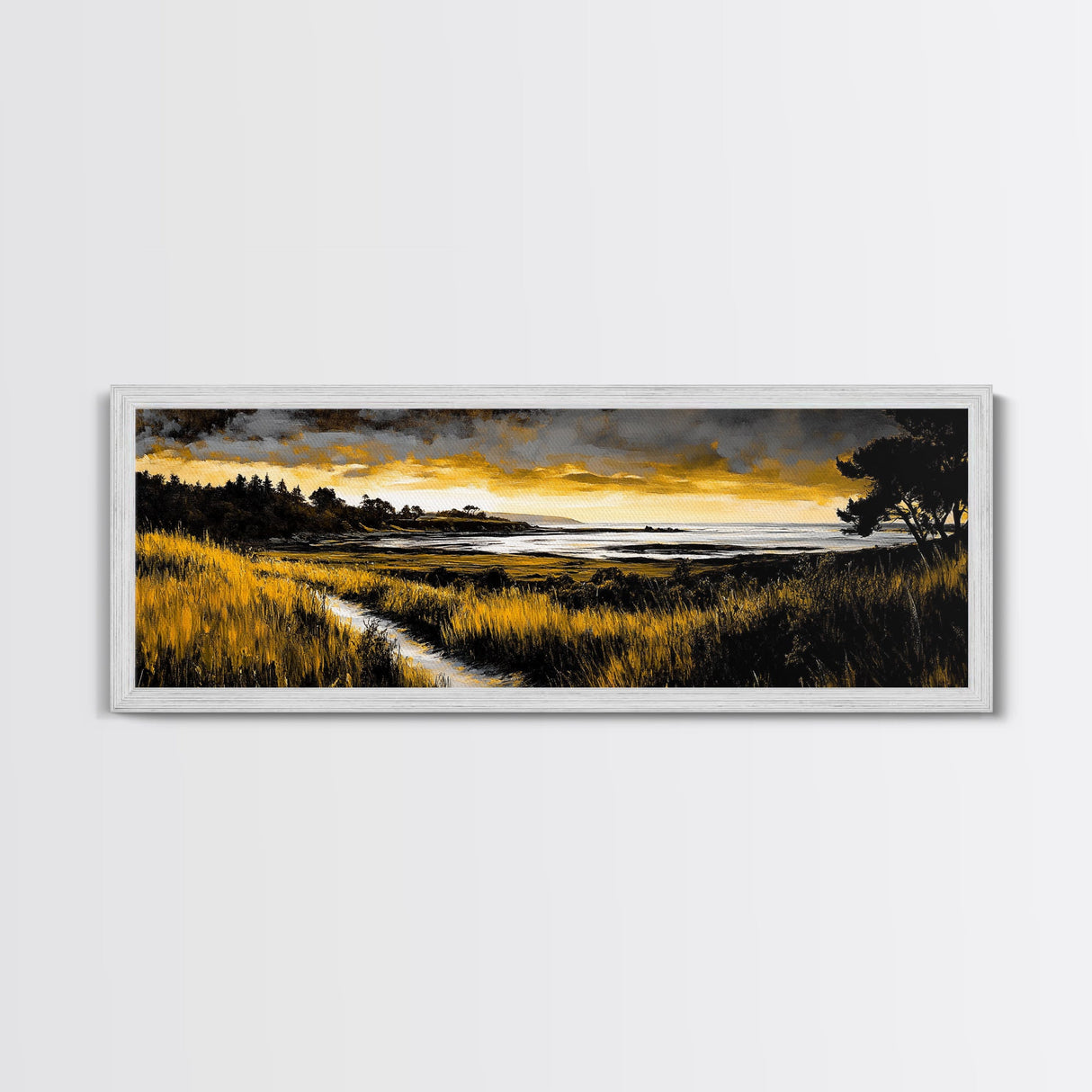 Golden Horizon, Coastal Sunset, Nature Landscape Art, Warm Tones Wall Decor, Peaceful Ocean View, Framed Canvas Print, Housewarming