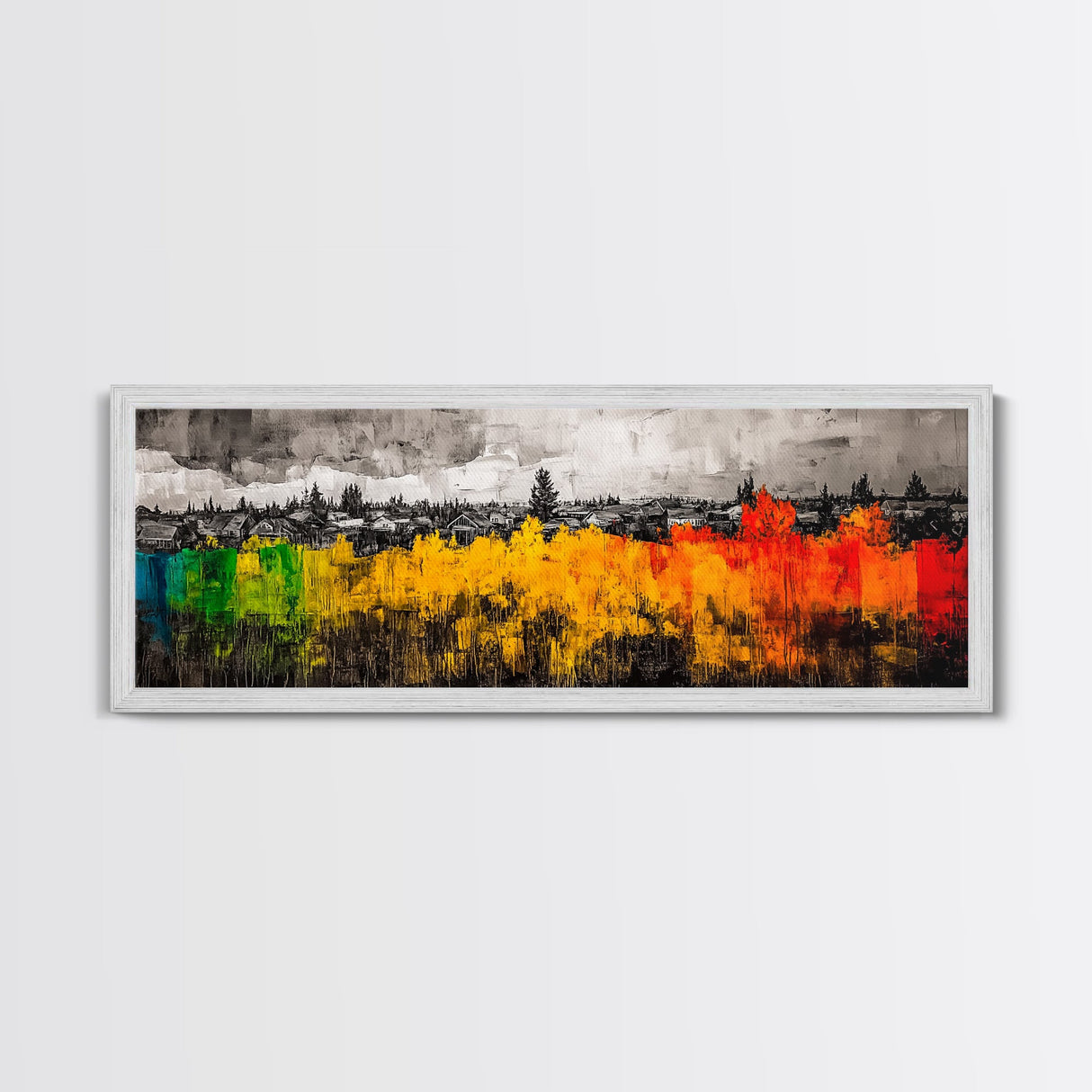 Autumn Trees, Village Scene, Vibrant Fall Decor, Warm Seasonal Print, Nature Inspired Artwork, Living Room Wall Art, Framed Canvas Print