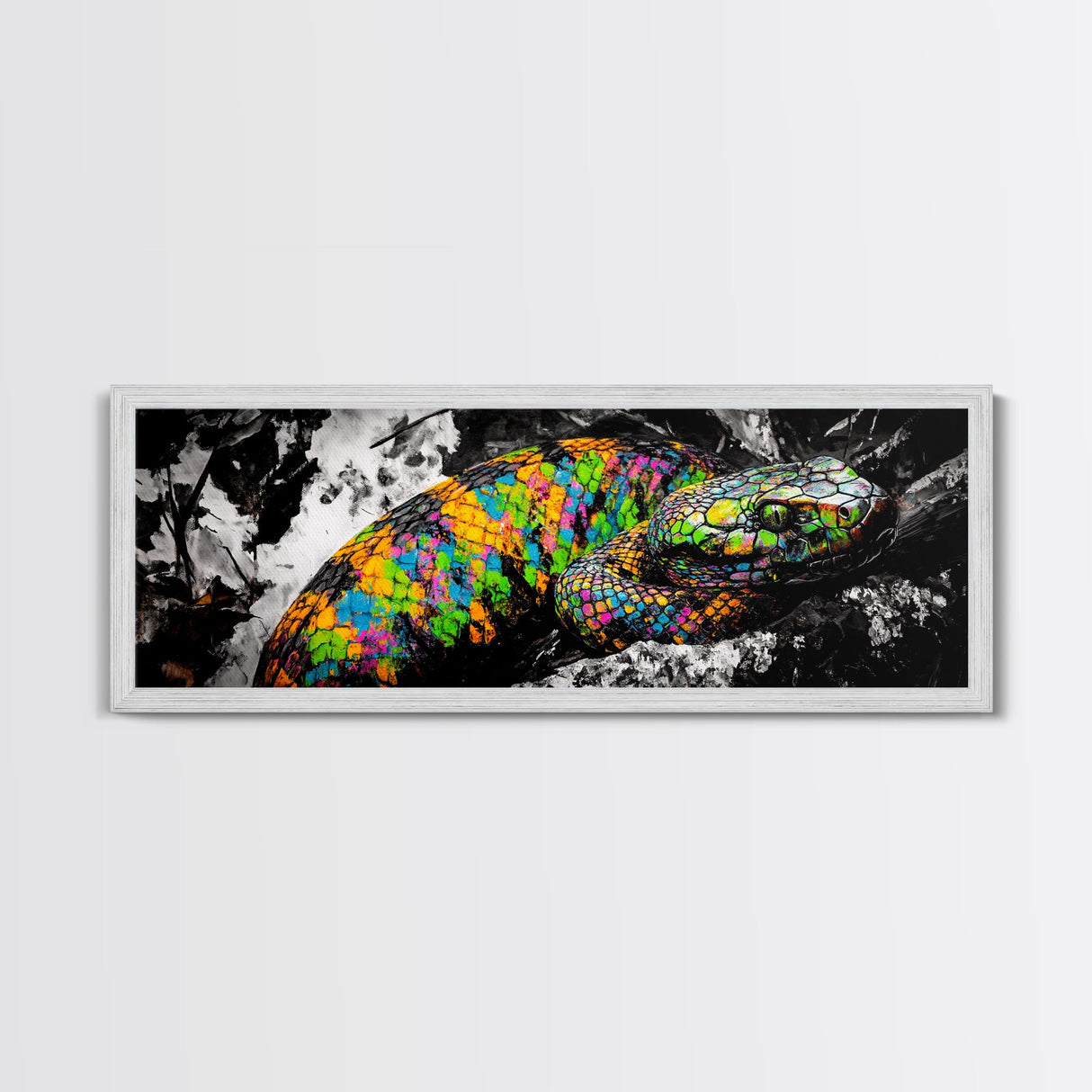 Colorful Snake, Psychedelic Reptile Art, Nature Painting, Wildlife Print, Vibrant Scales, Unique Wall Decor, Framed Canvas Print