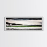 Serene Lake, Monochrome Water Art, Minimalist Nature, Dramatic Sky, Green Accent, Modern Home Wall Decor, Framed Canvas Print
